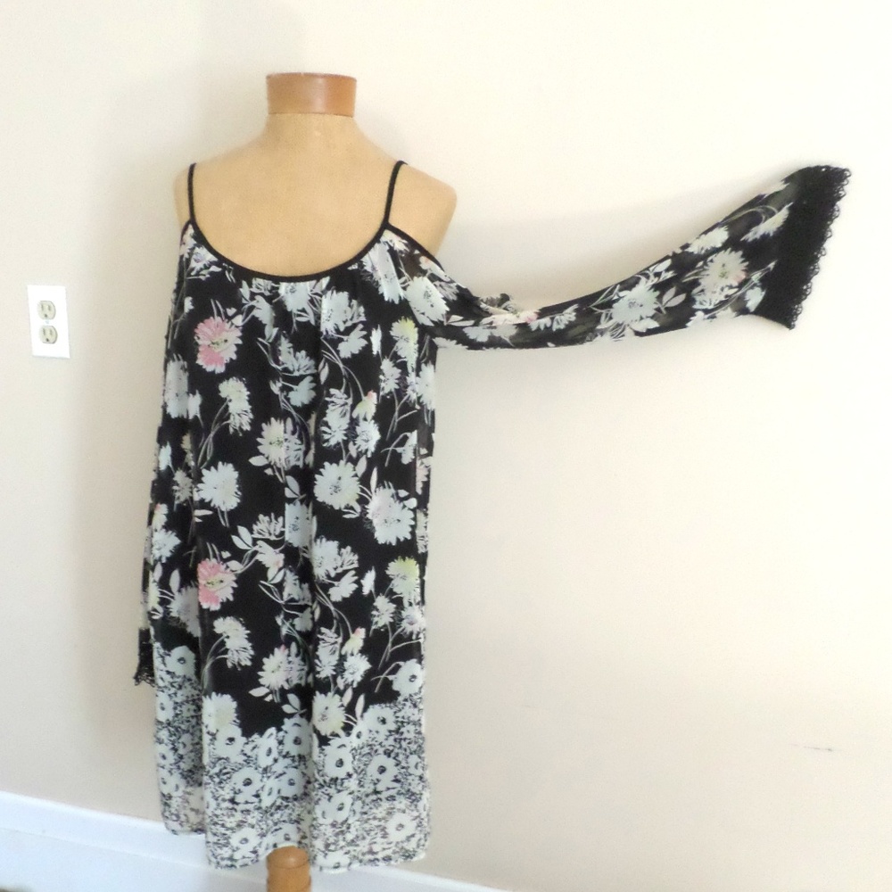 Black Floral Mini Boho Cold Shoulder Dress